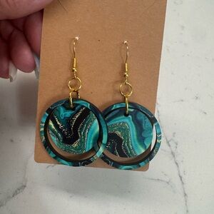 Teal Swirl Double Hoop Drop Earrings - Gold Accent